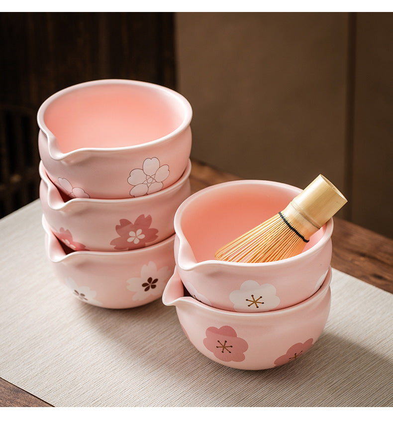 5PCS Flowers Pink Ceramic Bowl Matcha Tea Set Gift Box Safe Bamboo Brush Teaspoon Whisk Holder Matcha DIY-Making Tools ﻿