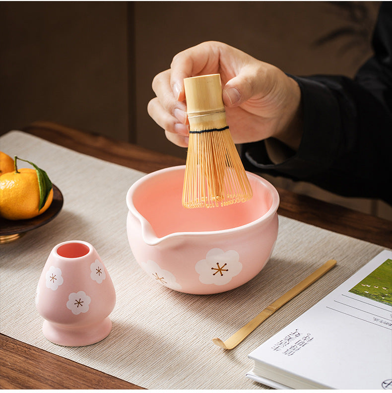 5PCS Flowers Pink Ceramic Bowl Matcha Tea Set Gift Box Safe Bamboo Brush Teaspoon Whisk Holder Matcha DIY-Making Tools ﻿