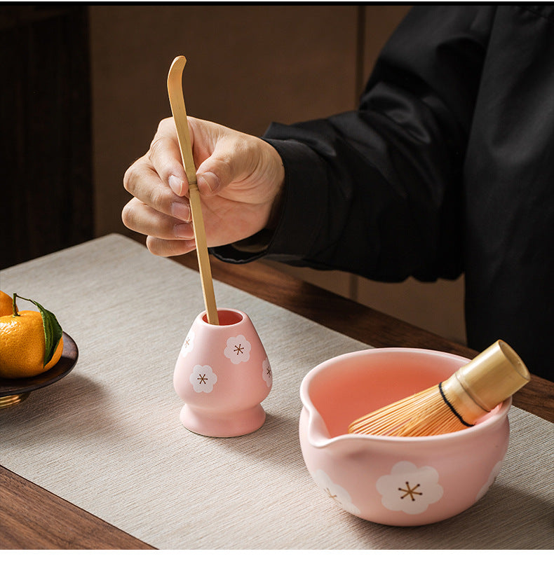 5PCS Flowers Pink Ceramic Bowl Matcha Tea Set Gift Box Safe Bamboo Brush Teaspoon Whisk Holder Matcha DIY-Making Tools ﻿