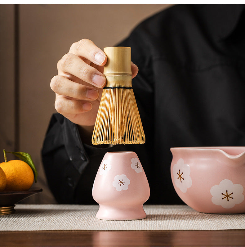 5PCS Flowers Pink Ceramic Bowl Matcha Tea Set Gift Box Safe Bamboo Brush Teaspoon Whisk Holder Matcha DIY-Making Tools ﻿