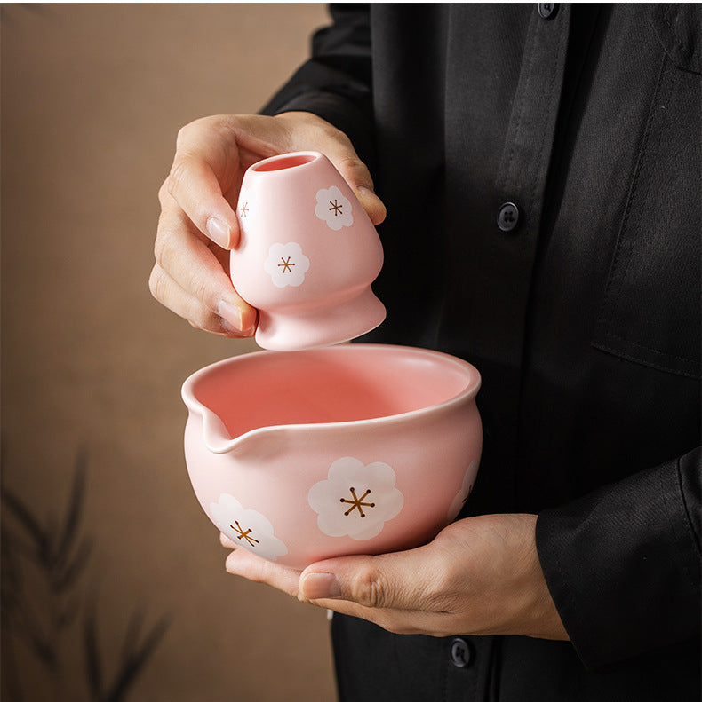5PCS Flowers Pink Ceramic Bowl Matcha Tea Set Gift Box Safe Bamboo Brush Teaspoon Whisk Holder Matcha DIY-Making Tools ﻿