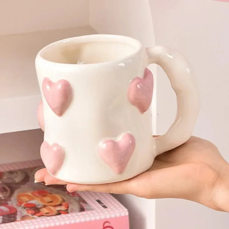 Cute Heart Pink Ceramic Mug Home Coffee Cups Set Kitchen Drinkware Set Birthday Gift Home Decoration