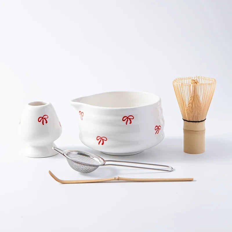 5 pieces of white bow decal ceramic matcha set, matcha set includes matcha bowl, matcha mixer and holder, bamboo spoon, sieve