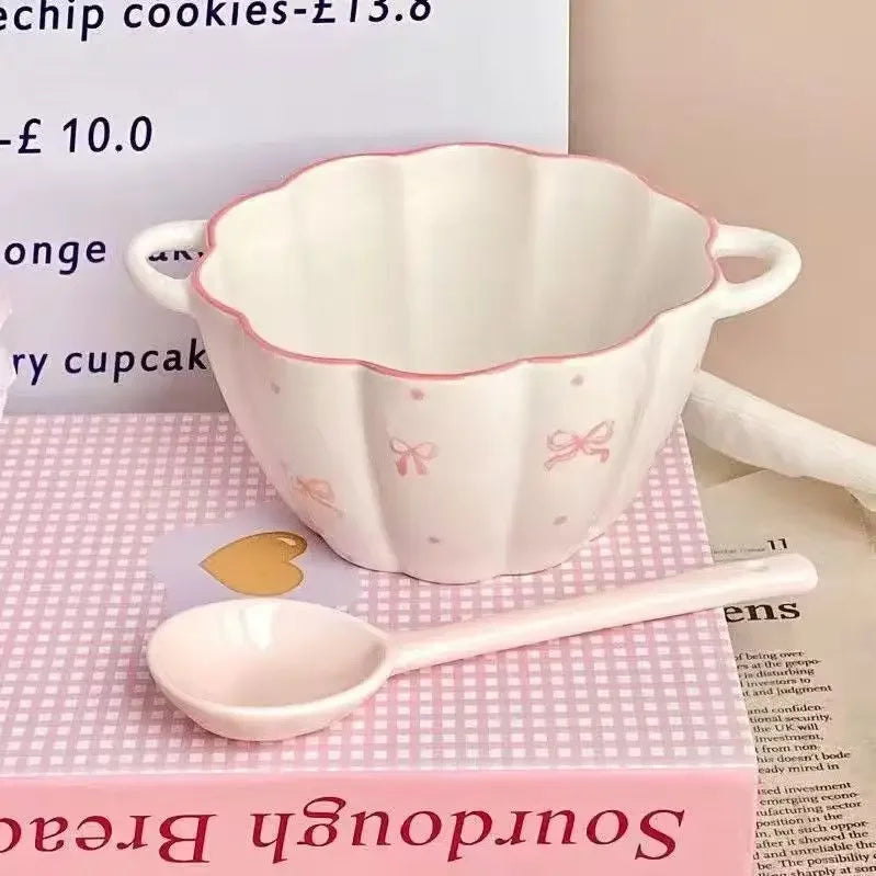 Pink Bow Rice Bowl,Ceramic Bowls Spoons Plates Underglaze Color High Value Tableware Dessert Bowl Set Unique Serving Plate