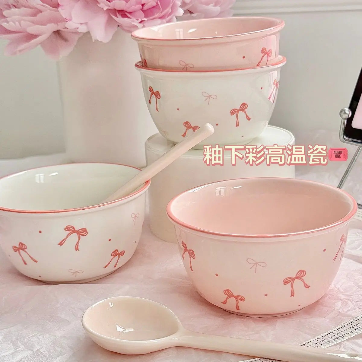 Pink Bow Rice Bowl,Ceramic Bowls Spoons Plates Underglaze Color High Value Tableware Dessert Bowl Set Unique Serving Plate