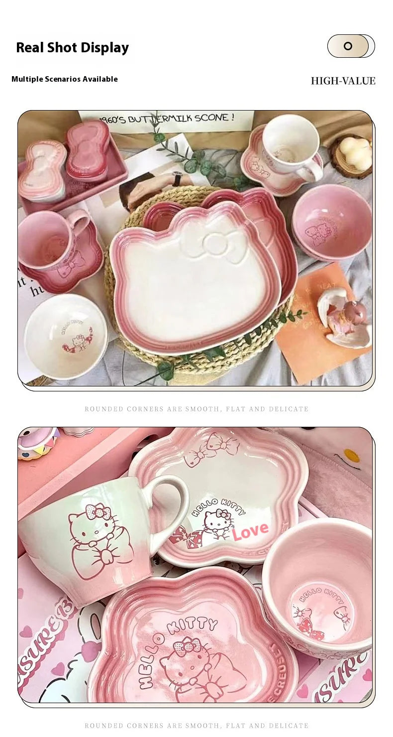 Cartoon Kitty Children Tableware Set Pink Ceramic Dinner Plate Dish Plate Tea Cup Cat Plate Cute Meal Kitchen Home Household