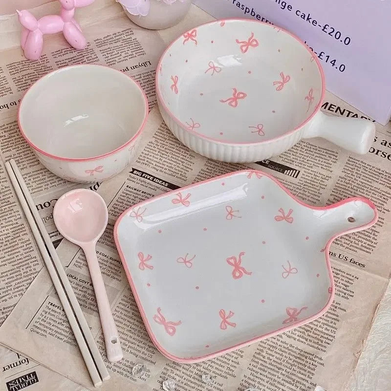 Pink Bow Ceramic Cutlery Set, Dessert Home Tableware Ceramic Handle Bowl Yogurt Cup High Value Breakfast Plate Drinkware