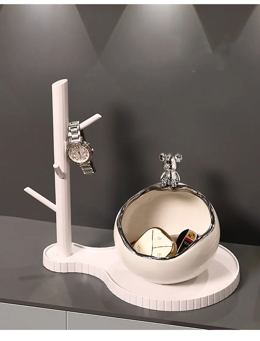 Ceramic Bear Tray Statue Accessory Storage Key Holder Candy Bowl Jewelry Earrings Suitable for Home Modern Table Office Decor