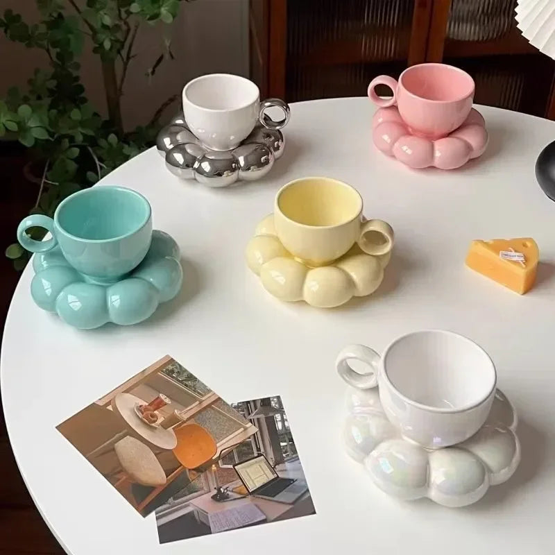 Ceramic Cloud-Shaped Coffee Cup Creative Sunflower Saucer Unique Office Afternoon Tea Mug Exquisite Milk Cups Kitchen Drinkware
