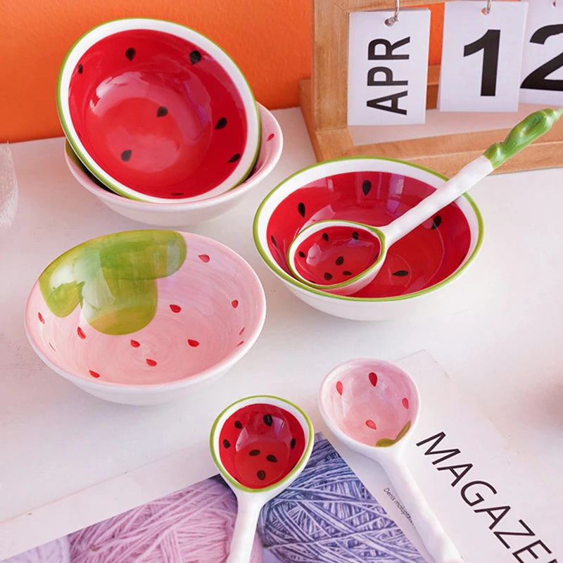 Lovely Strawberry Watermelon Shaped Bowl Spoon Ceramic Cereal Spoons Ramen Soup Spoons Fruit Pattern Serving Bowl Spoon