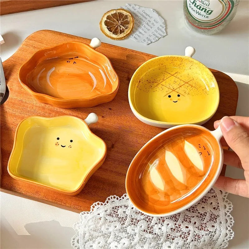 4pcs ceramic side dishes, small dipping saucers, mini small plates, cute bread shape tableware