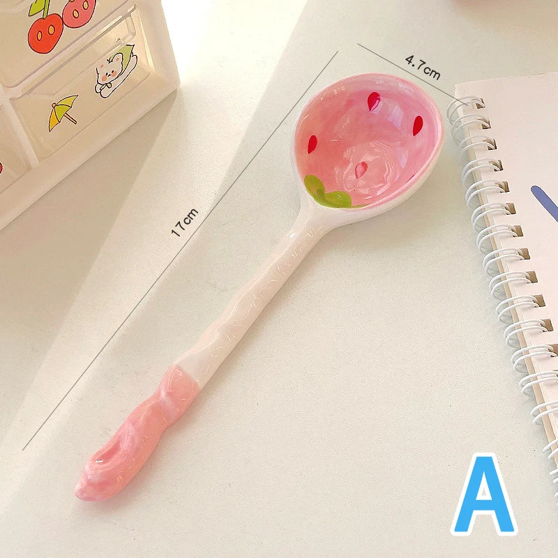 Lovely Strawberry Watermelon Shaped Bowl Spoon Ceramic Cereal Spoons Ramen Soup Spoons Fruit Pattern Serving Bowl Spoon