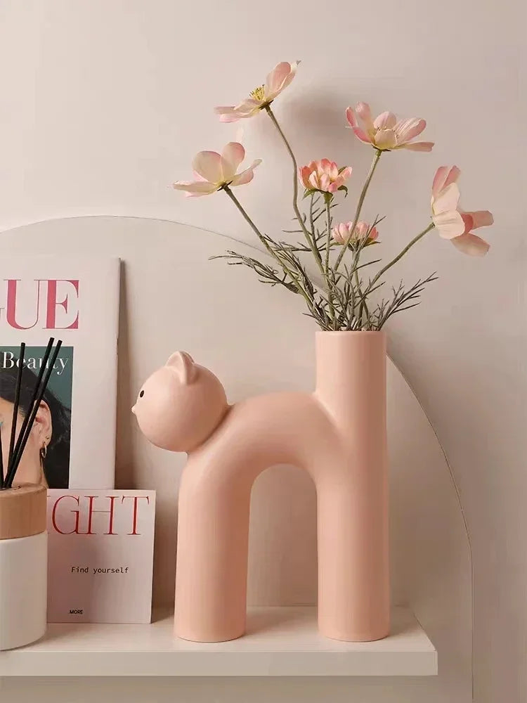 Ceramic Flower Vase H-shaped Cute Tubular Kawaii Cat Vase Room Home Desktop Decoration Room Decor Art Ornament Gift Flowerpot