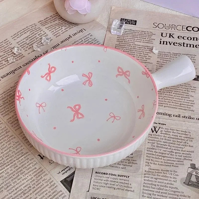 Pink Bow Ceramic Cutlery Set, Dessert Home Tableware Ceramic Handle Bowl Yogurt Cup High Value Breakfast Plate Drinkware