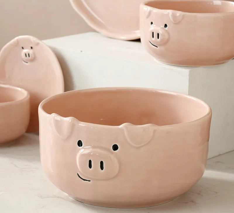 European Creative Cute Pink Pig Tableware Dishes Home Ceramic Plate Breakfast Nordic Wind Irregular Matte Plate Kitchen Utensils