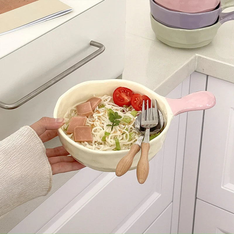 Simple Solid Ceramic Bowl With Handle Contrast Color Durable Home Kitchen Noodle Soup Dinnerware 500ML Fruit Yogurt Tablewares