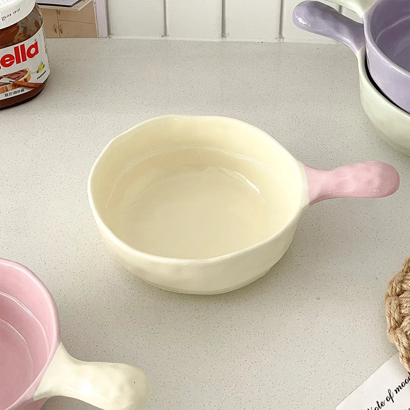 Simple Solid Ceramic Bowl With Handle Contrast Color Durable Home Kitchen Noodle Soup Dinnerware 500ML Fruit Yogurt Tablewares