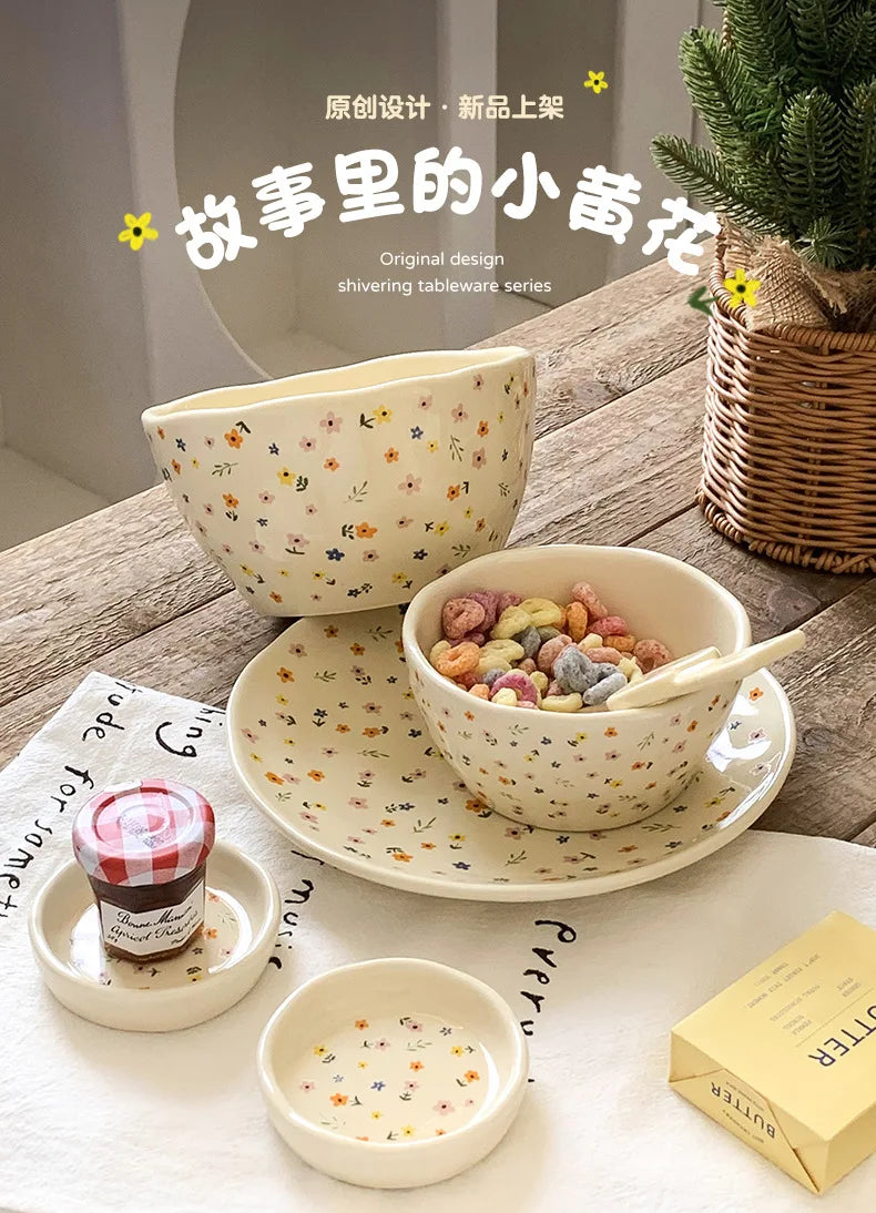 Korean Ceramic Bowl Dish with Fresh Flower Design INS Style High Appearance Level Home Domestic Rice Dish Fruit Salad Bowl
