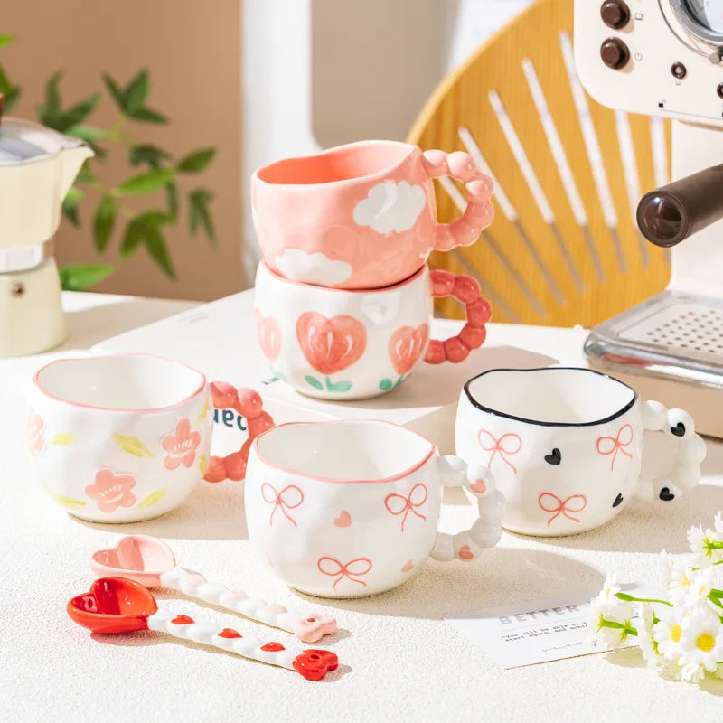 Cute Ceramic Mugs Cloud Heart Pattern Coffee Cups Flower Milk Tea Cup 250ML Drinkware Kitchen