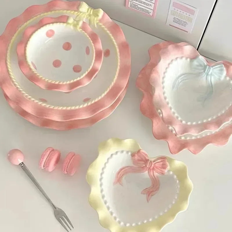 Heart-shaped Bow Wavy Edge Ceramic Dinnerware Set Ideal Cake Presentation, Korean Princess Pastry Platter, Lace-edged Rice Bowls