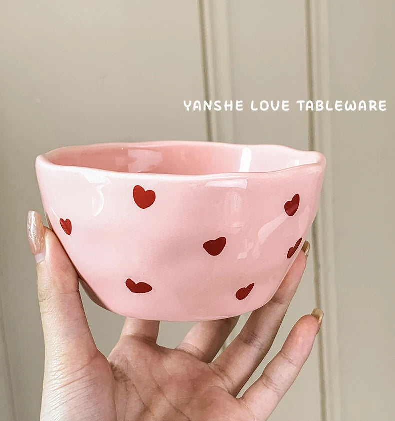 Salad Bowl Pink Heart Pattern Ceramic Plate Coffee Cup Children Dessert Bowl Household Cute Dinner Plates Restaurant Tableware
