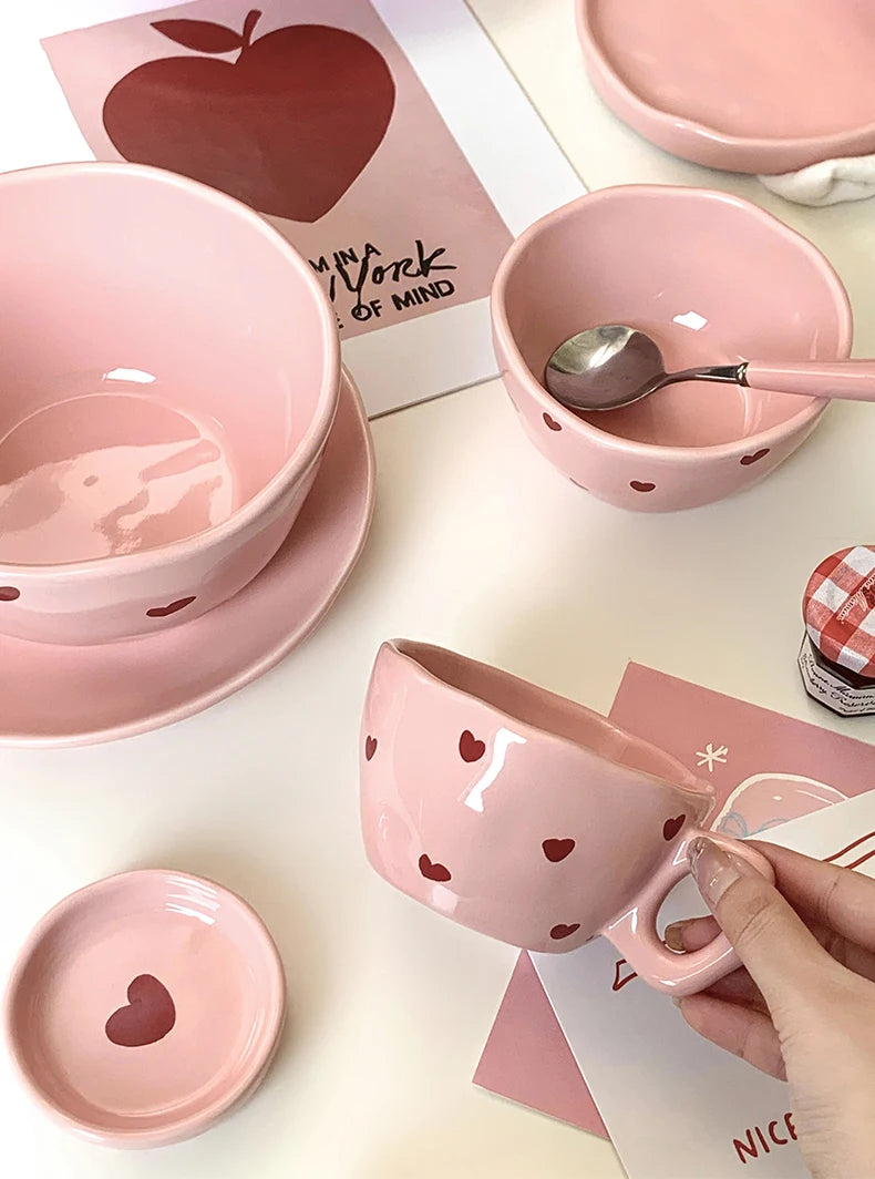 Salad Bowl Pink Heart Pattern Ceramic Plate Coffee Cup Children Dessert Bowl Household Cute Dinner Plates Restaurant Tableware