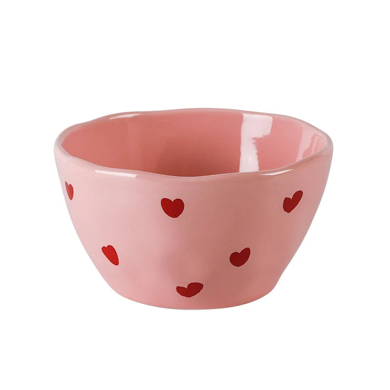 Salad Bowl Pink Heart Pattern Ceramic Plate Coffee Cup Children Dessert Bowl Household Cute Dinner Plates Restaurant Tableware
