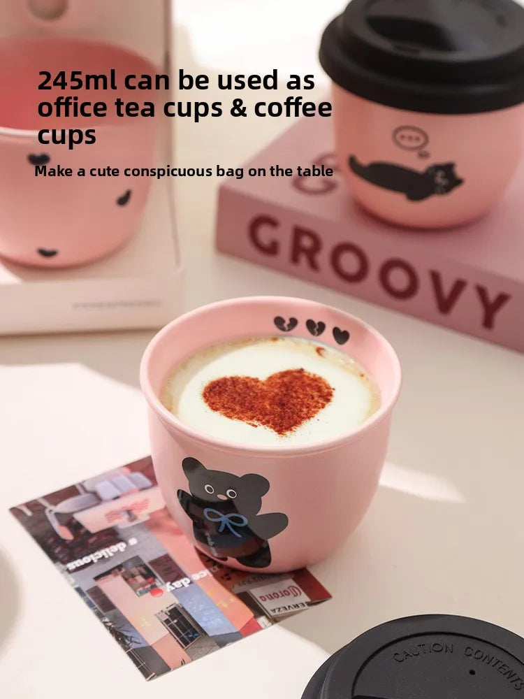 Pink Hand-held Coffee Cup Cute Casual Cup with Lid Female Water Cup French Beautiful Drinking Water Ceramic with Silicone Lid