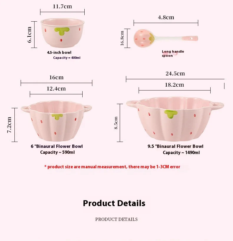 Cute Strawberry Ceramic Bowl Set For Home Use High Aesthetic Instant Noodles Salad Dessert Dining Tableware Kitchen Supplies