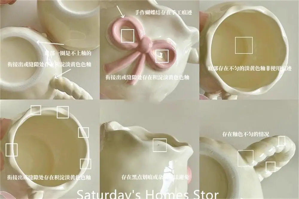 Cute Pink Relief Bow Ceramics Mug Cups Coffee Milk Drinks Ceramics Handle   Cup with Box Girls  Gift