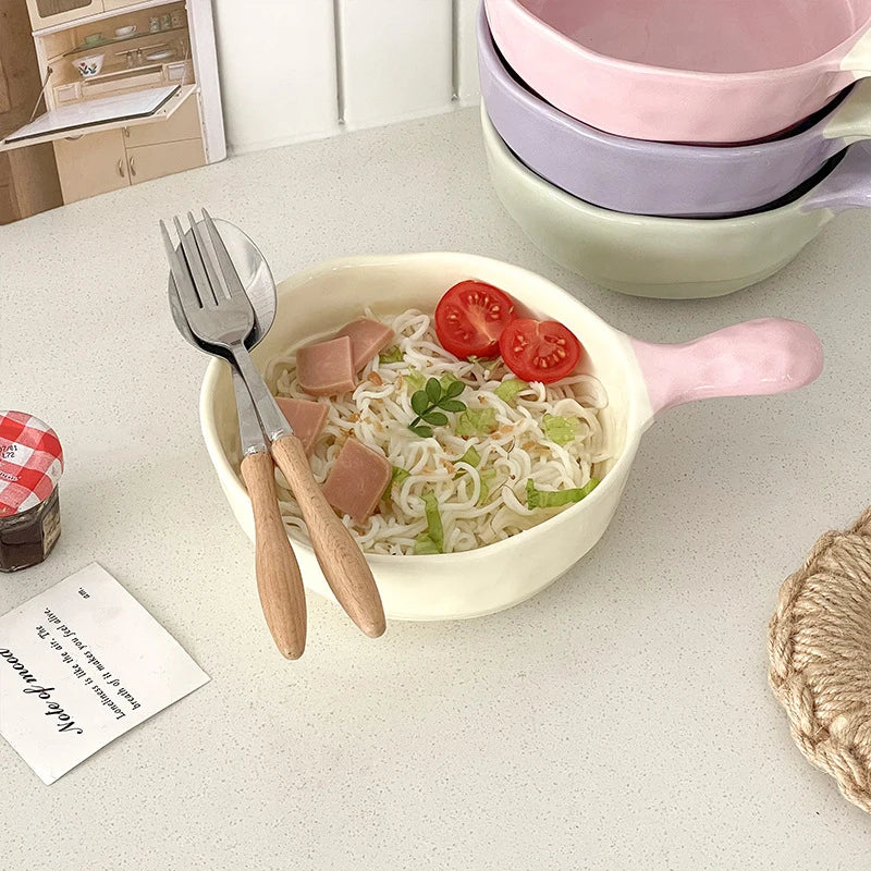 Simple Solid Ceramic Bowl With Handle Contrast Color Durable Home Kitchen Noodle Soup Dinnerware 500ML Fruit Yogurt Tablewares