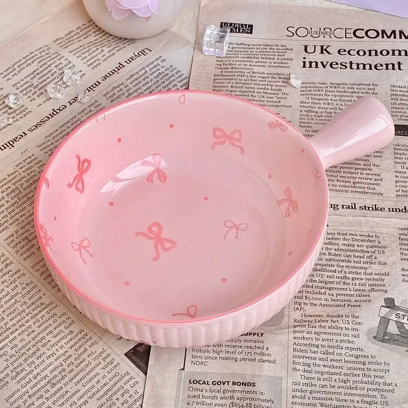 Pink Bow Ceramic Cutlery Set, Dessert Home Tableware Ceramic Handle Bowl Yogurt Cup High Value Breakfast Plate Drinkware