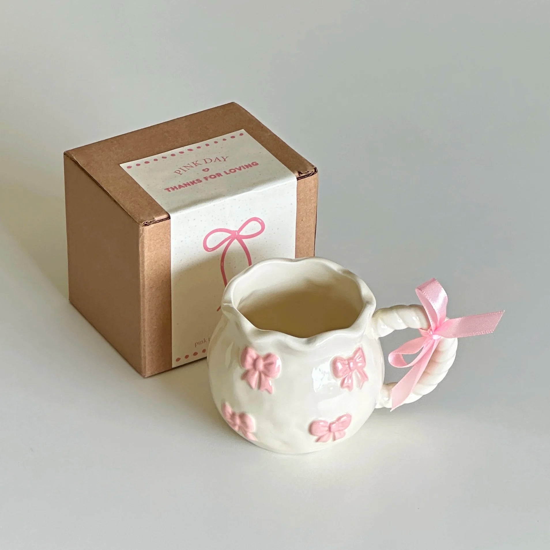 Cute Pink Relief Bow Ceramics Mug Cups Coffee Milk Drinks Ceramics Handle   Cup with Box Girls  Gift