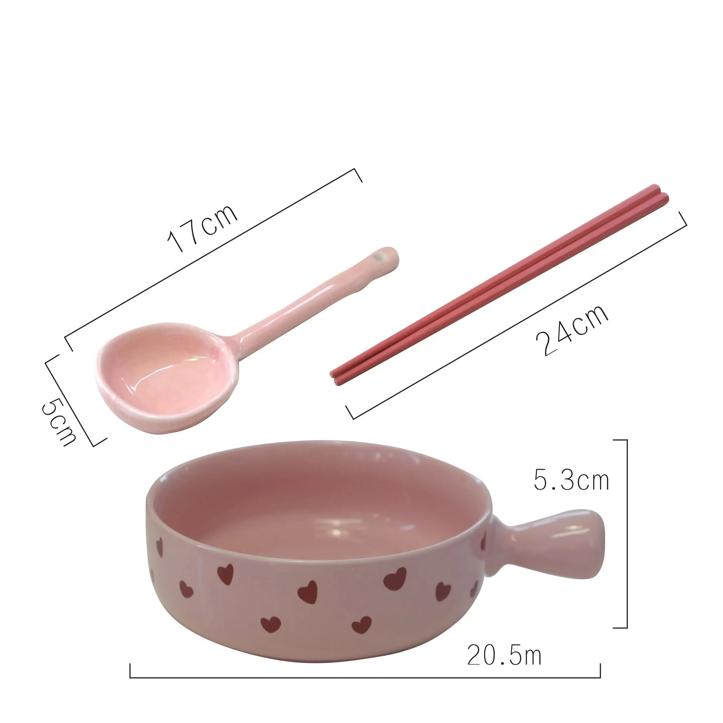 Pink Love Cutlery Set Rice Bowl Household Ceramic Double Ear Instant Noodle Soup Bowl Hand Paired Spoon Combination Noodle Bowl