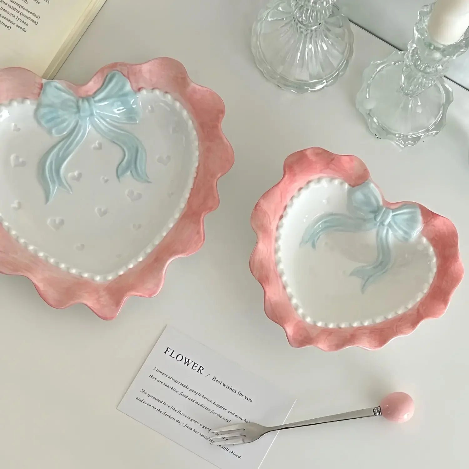 Heart-shaped Bow Wavy Edge Ceramic Dinnerware Set Ideal Cake Presentation, Korean Princess Pastry Platter, Lace-edged Rice Bowls