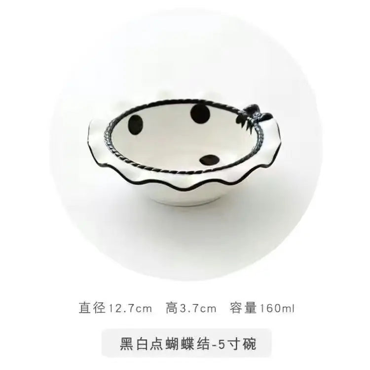 Heart-shaped Bow Wavy Edge Ceramic Dinnerware Set Ideal Cake Presentation, Korean Princess Pastry Platter, Lace-edged Rice Bowls