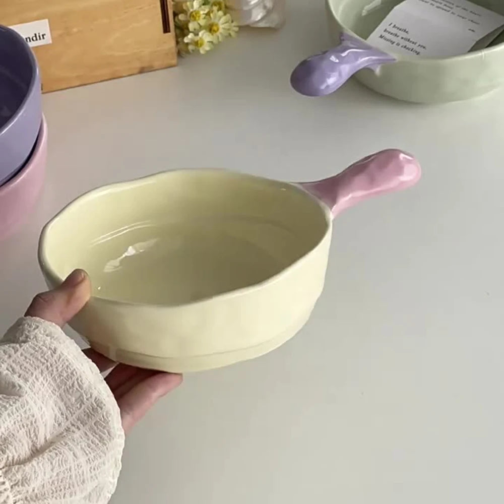 Simple Solid Ceramic Bowl With Handle Contrast Color Durable Home Kitchen Noodle Soup Dinnerware 500ML Fruit Yogurt Tablewares