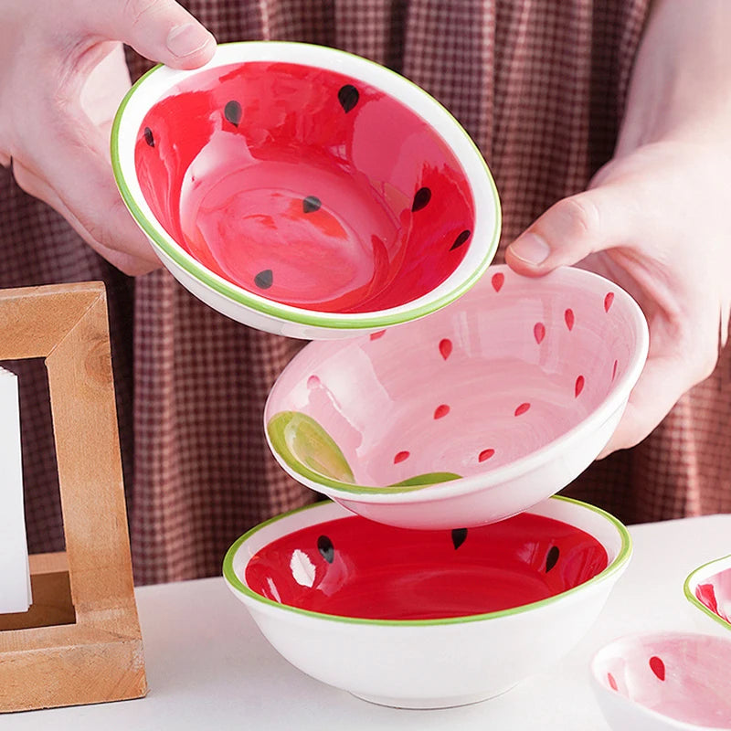 Lovely Strawberry Watermelon Shaped Bowl Spoon Ceramic Cereal Spoons Ramen Soup Spoons Fruit Pattern Serving Bowl Spoon
