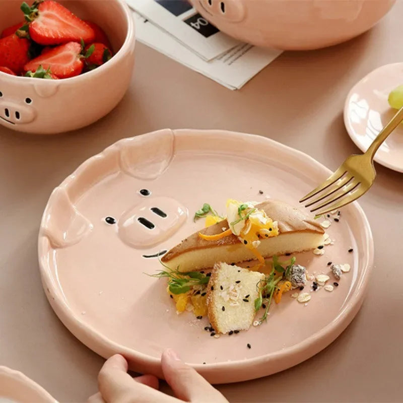 European Creative Cute Pink Pig Tableware Dishes Home Ceramic Plate Breakfast Nordic Wind Irregular Matte Plate Kitchen Utensils