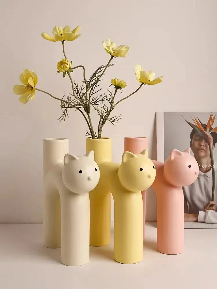 Ceramic Flower Vase H-shaped Cute Tubular Kawaii Cat Vase Room Home Desktop Decoration Room Decor Art Ornament Gift Flowerpot