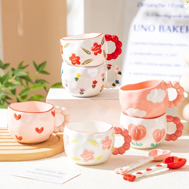 Cute Ceramic Mugs Cloud Heart Pattern Coffee Cups Flower Milk Tea Cup 250ML Drinkware Kitchen