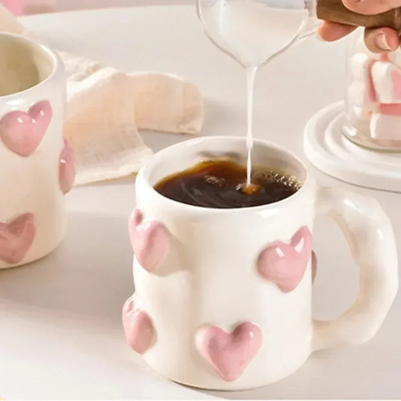 Cute Heart Pink Ceramic Mug Home Coffee Cups Set Kitchen Drinkware Set Birthday Gift Home Decoration