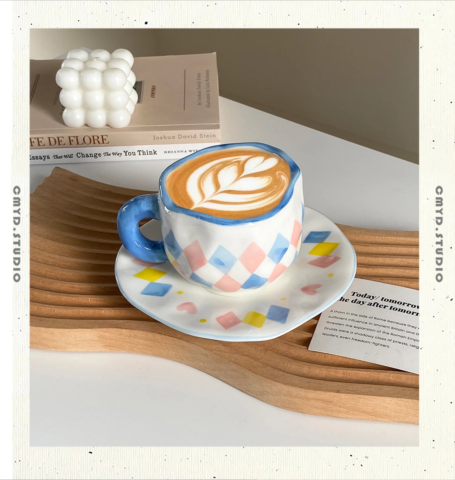 1Pc280Ml Original Design Scandinavian Style Hand-Kneaded Ceramic Coffee Cup and Saucer Multi-Color Plaid Heart Blue Sky and White Clouds Flower Mug Suitable for Afternoon Tea Milk Cup and Saucer Latte Cup Dessert Plate Cup an