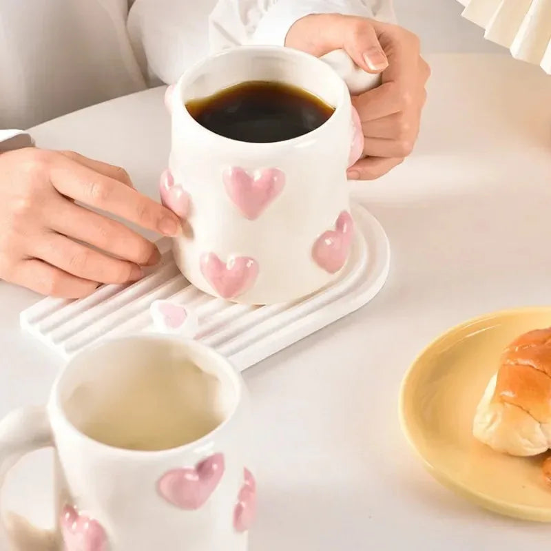 Cute Heart Pink Ceramic Mug Home Coffee Cups Set Kitchen Drinkware Set Birthday Gift Home Decoration