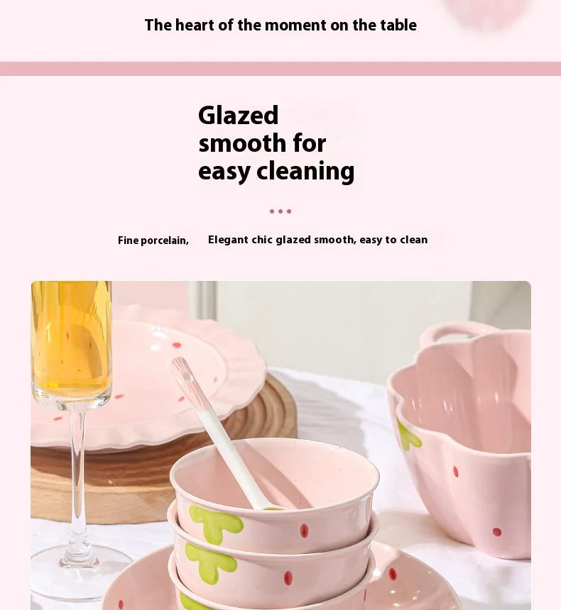 Cute Strawberry Ceramic Bowl Set For Home Use High Aesthetic Instant Noodles Salad Dessert Dining Tableware Kitchen Supplies