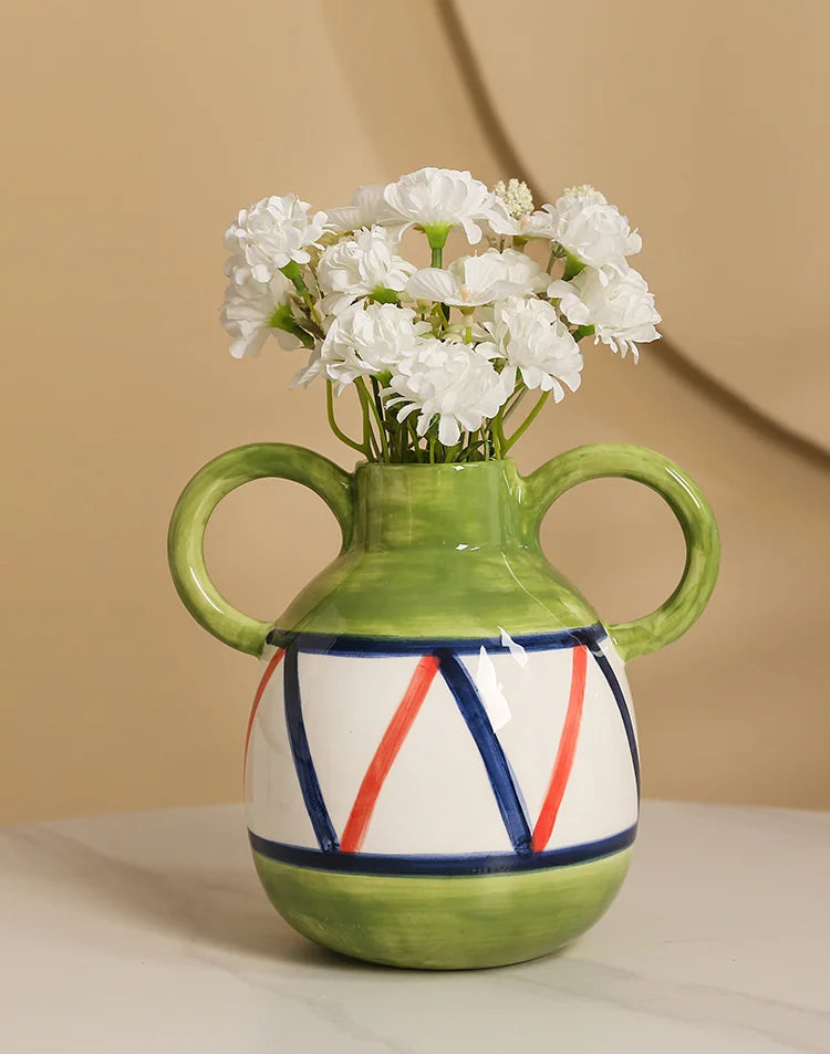 Fun Hand-painted Ceramic Flower Vase With Two Ears Living Room Decoration Accessories Decoración Hogar Home Decor Table Vases