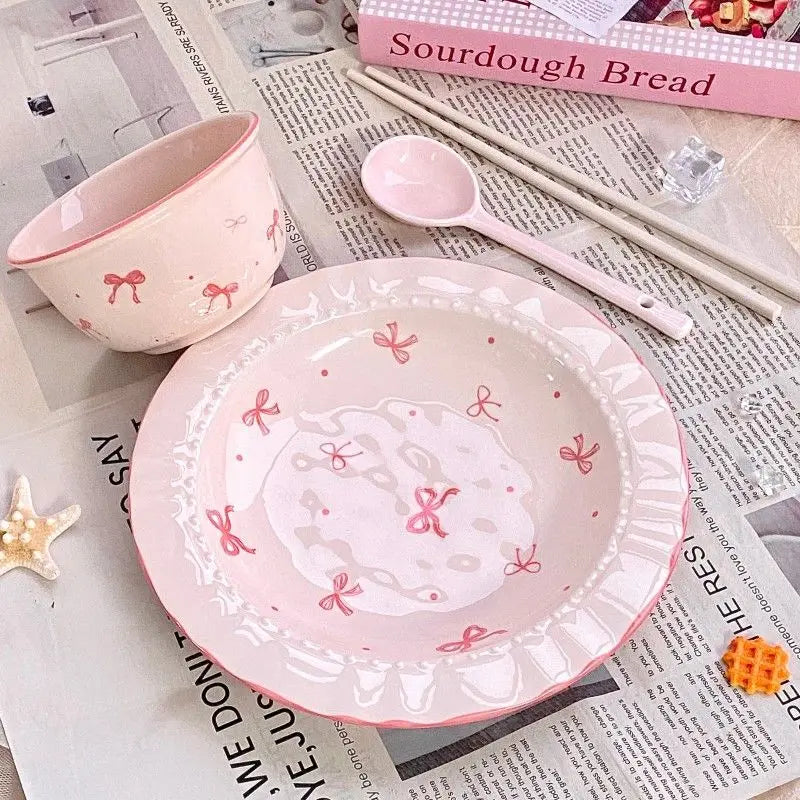 Korean Style Bowknot Underglaze Colored Bowl Plate Ceramic Dining Plate Home Salad Dessert Plate Household Art Tableware Set