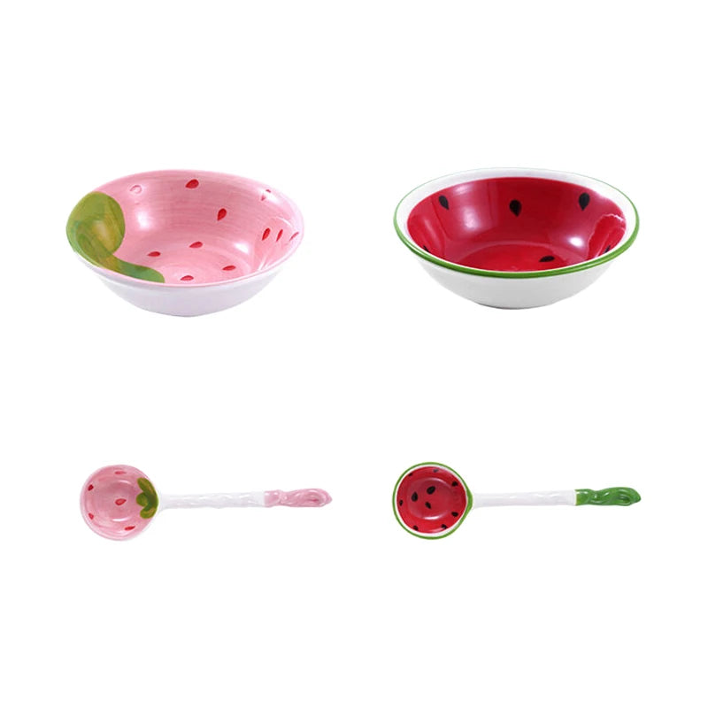 Lovely Strawberry Watermelon Shaped Bowl Spoon Ceramic Cereal Spoons Ramen Soup Spoons Fruit Pattern Serving Bowl Spoon