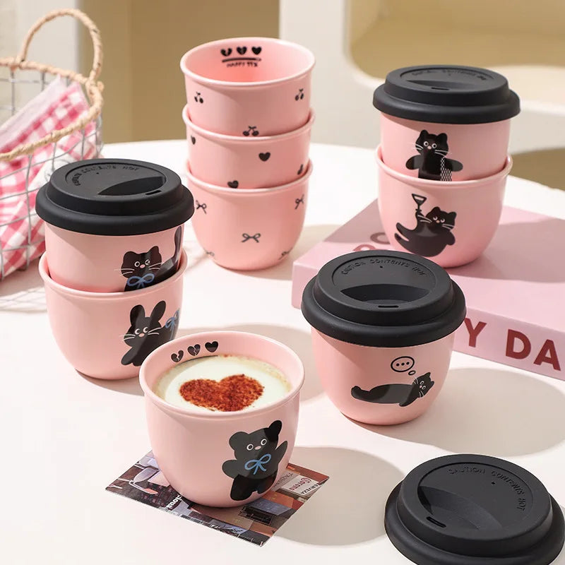Pink Hand-held Coffee Cup Cute Casual Cup with Lid Female Water Cup French Beautiful Drinking Water Ceramic with Silicone Lid