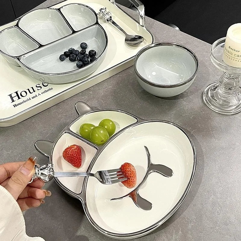 Ceramic Compartmentalized Dinner Plate For Adults To Lose Weight, Cute Dish Plate For One Person To Eat, Separate Meal System